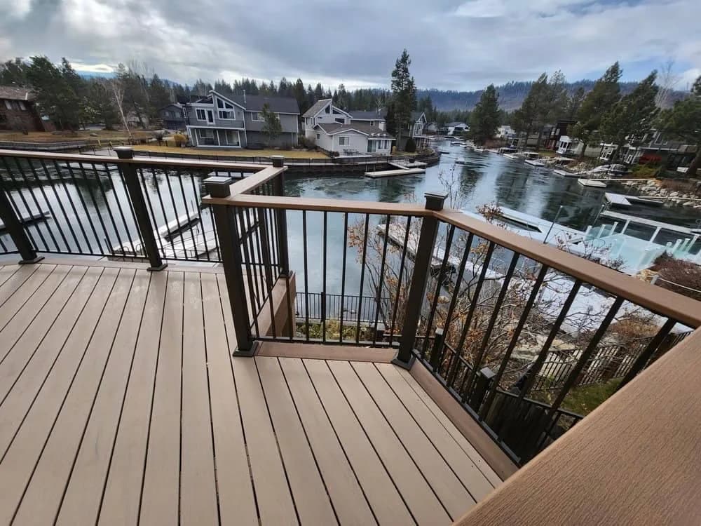Custom Trex deck with black railings built by Ogden Construction in South Lake Tahoe